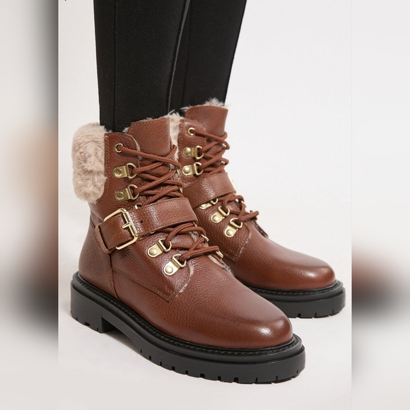 Karen Millen Chestnut Combat Boots with Gold Accents - Picture 1 of 7